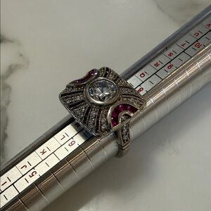 Joseph Esposito silver art deco ring, with red/white CZs, size 7